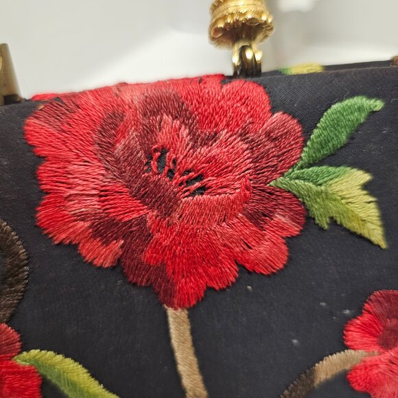 Black Red Floral Flower Embroidered Gold Cara Made in USA Clutch Hand Bag - Picture 10 of 16